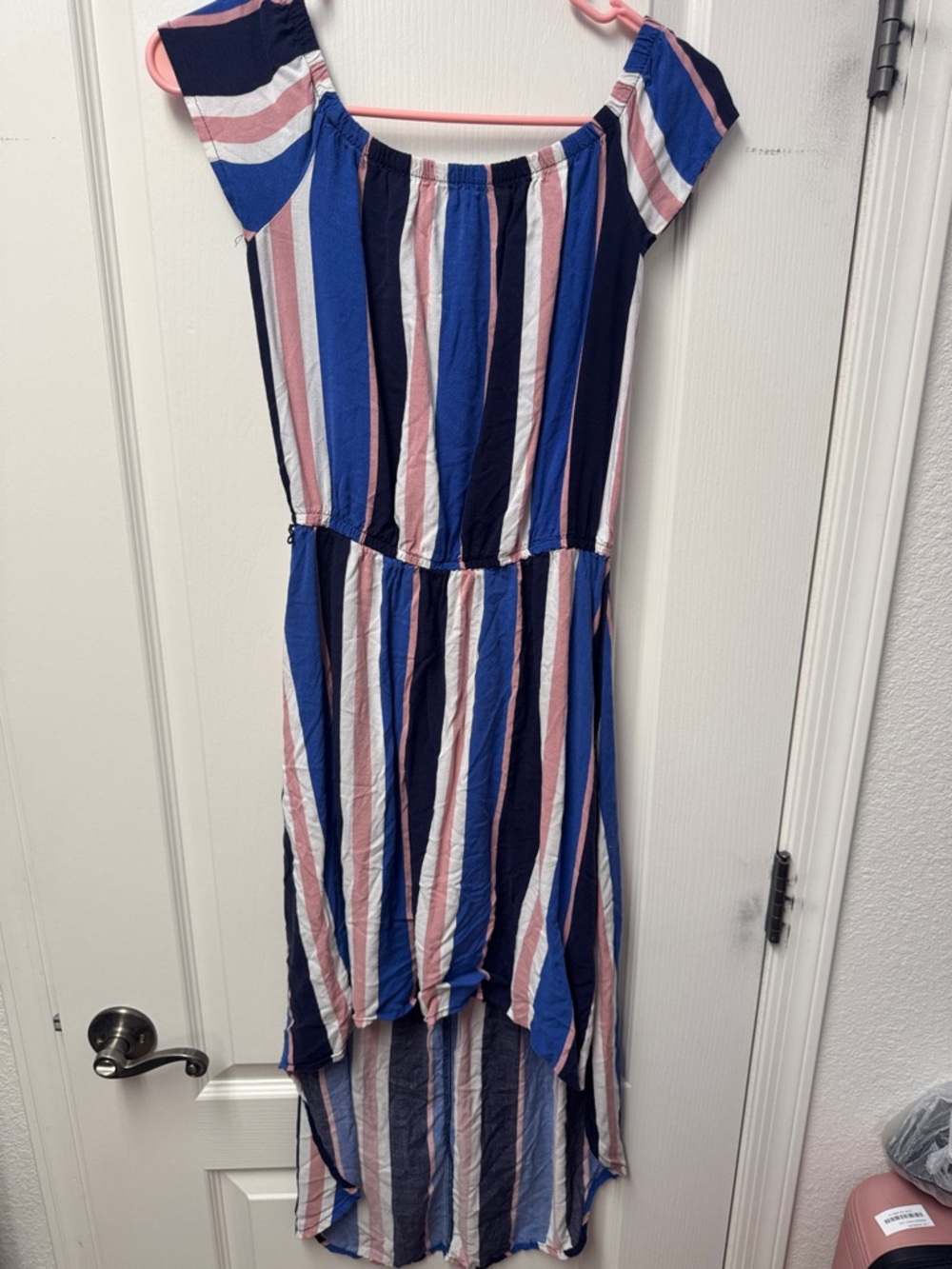 Striped Off-Shoulder High-Low Dress in Navy and Pink